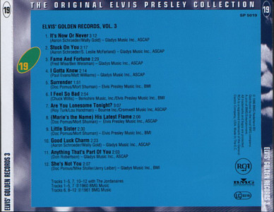 Elvis' Golden Records Vol. 3 - The Original Elvis Presley Collection Vol. 19 - EU 1996 - BMG SP 5019 - Elvis Presley CD