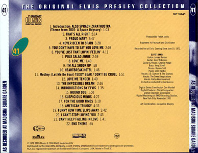 Elvis As Recorded At Madison Square Garden -  The Original Elvis Presley Collection Vol. 41 - EU 1996 - BMG SP 5041 - Elvis Presley CD