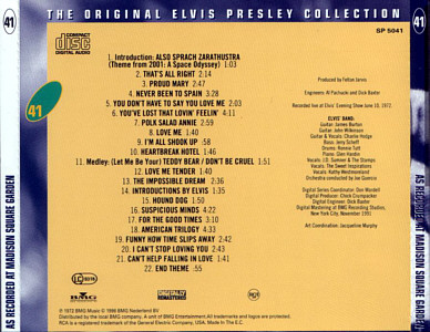 Elvis As Recorded At Madison Square Garden - The Original Elvis Presley Collection Vol. 41 - EU 1996 - BMG SP 5041 - Elvis Presley CD