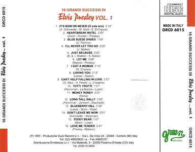 16 Grandi Successi - Vol. 1 (Green Records - Duck Records Italy 1991) - Elvis Presley Various CDs