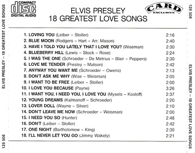 18 Greatest Love Songs - Card Exclusive - Elvis Presley Various CDs