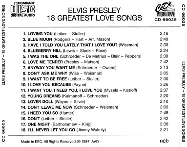 18 Greatest Love Songs - Denmark 1987 - CeDE International - Elvis Presley Various CDs