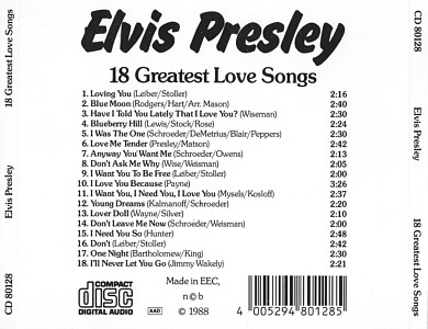 18 Greatest Love Songs - Denmark 1988 - Take Off - Elvis Presley Various CDs