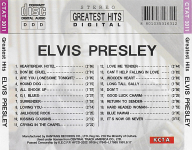 Greatest  Hits -  KCTA CTAT-3011 South Korea 1991 - Elvis Presley Various CDs