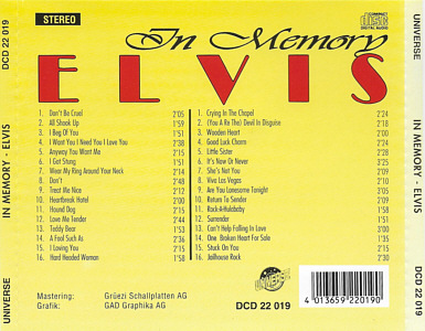In Memory - Elvis  - Universe DCD 22 019 Switzerland 1993  - Elvis Presley Various CDs