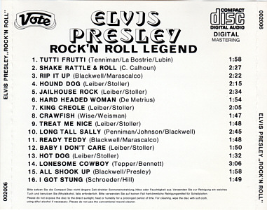 Rock 'N Roll Legend - (Vote CD 002006) - Germany (Made in Japan) 1986 - Elvis Presley Various CDs