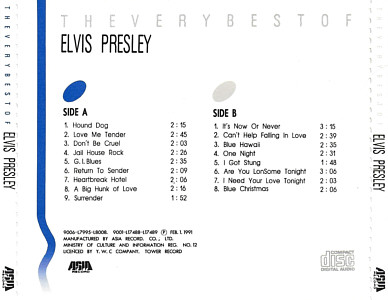 The Very Best Of Elvis Presley -  Asia Record 1991 - Elvis Presley Various CDs