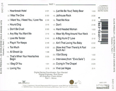 Back insert CD 1 - 50 Worldwide Gold Hits: Volume 1, Parts 1 & 2 - BMG 6401-2-R - USA 1989 - Elvis Presley CD