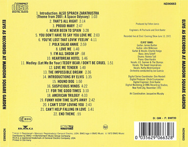 Elvis As Recorded At Madison Square Garden - EU 2000 - Sony-BMG ND 90663- Elvis Presley CD