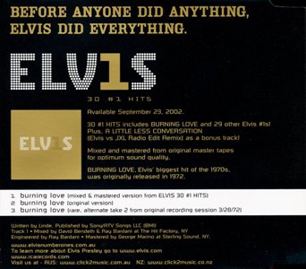 ELV1S Burning Love - 3 tracks - BMG 74321-96824-2 - Australia 2002