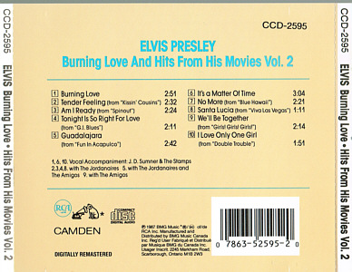 Burning Love and Hits From His Movies Vol.2 - BMG CCD-2595 - Canada 1993 - Elvis Presley CD