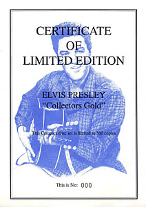Certificate - Elvis Presley 3 CD set - Collectors Gold - wooden box set - BMG 3114-2-R - USA(Germany) 1991