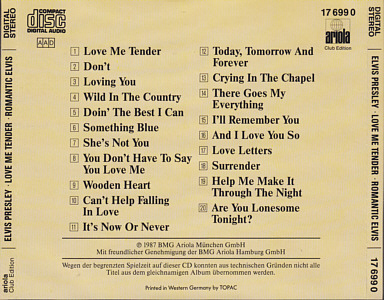 Love Me Tender - Romantic Elvis - 20 Welthits - German Club Edition - BMG Ariola 17669-0 - Germany 1987
