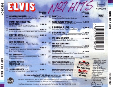 Elvis No. 1 Hits - India 1993 - BMG ND 90203