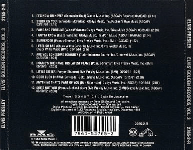 Elvis' Golden Records, Vol. 3 - Canada 1994 - BMG 2765-2-R - Elvis Presley CD