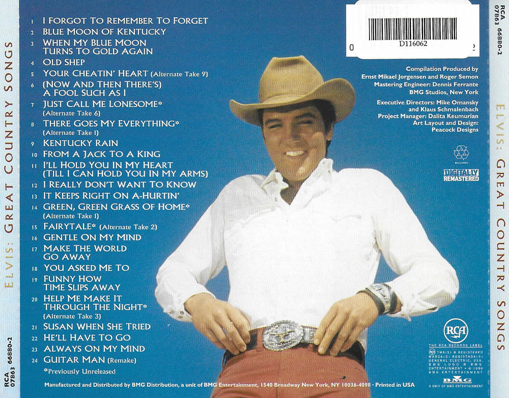 Great Country Songs - USA 1998 - BMG 07863 66880 2 /  D116062 - Elvis Presley CD