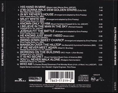 His Hand in Mine [2] - Canada 1988 - BMG 1319-2-R - Elvis Presley CD