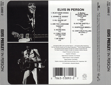 In Person At The International Hotel, Las Vegas, Nevada - USA 1994 - BMG 07863-53892-2 - Elvis Presley CD