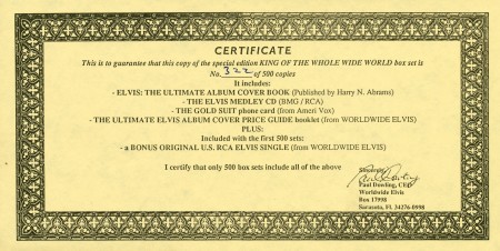 Certificate - King Of The Whole Wide World - USA 1996 - Cat. no. WWE 001