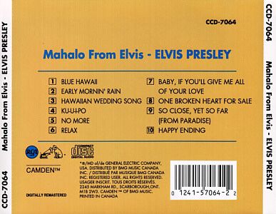 Mahalo from Elvis - Canada 1994 - BMG CCD-7064