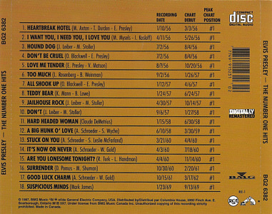TThe Number One Hits - USA 1999 - BMG BG2 6382 (Columbia House) - Elvis Presley CD The Number One Hits - Canada 1999 - BMG BG2 6382 (Columbia House) - Elvis Presley CD