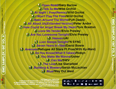 BMG Sampler 1997 Vol. 8  - Taiwan 1997 - BMG - Elvis Presley Various Artists CD