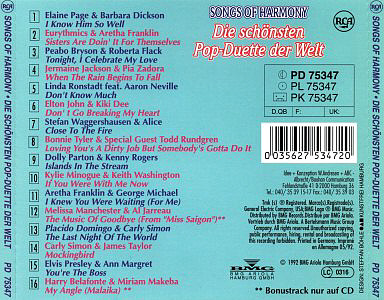 Songs Of Harmony - Die Schönsten Pop-Duette der Welt - Germany 1992 - BMG Ariola PD 75347
