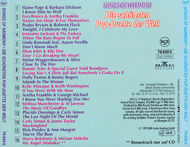 Songs Of Harmony - Die Schönsten Pop-Duette der Welt - Germany 1992 - BMG Ariola 78 635 0 Club Edition - Elvis Presley Various Artist CD